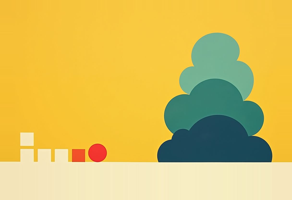Small cream cubes, an orange square, and a red circle sit near a large stacked cloud shape in teal and navy, on a yellow background.