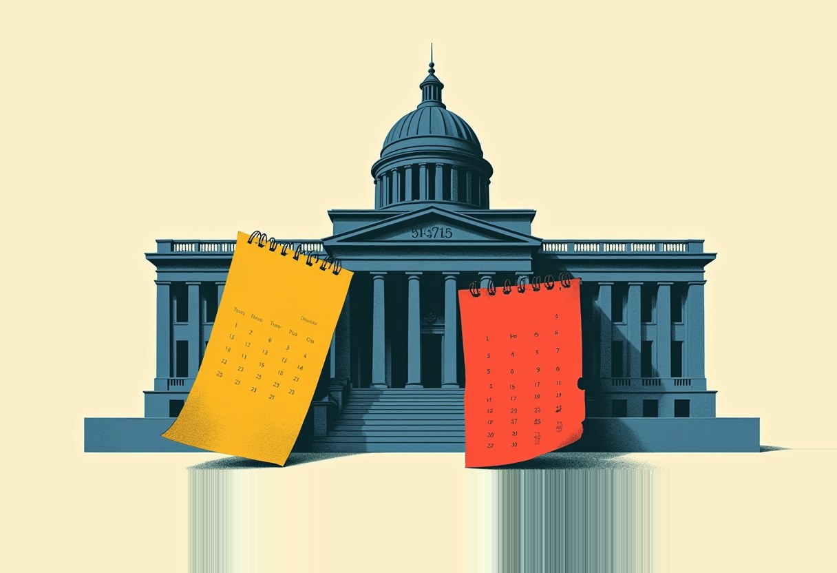 A domed government building in dark blue-gray on a cream background, with two spiral-bound calendar pages, one yellow and one red, leaning against its columned facade.