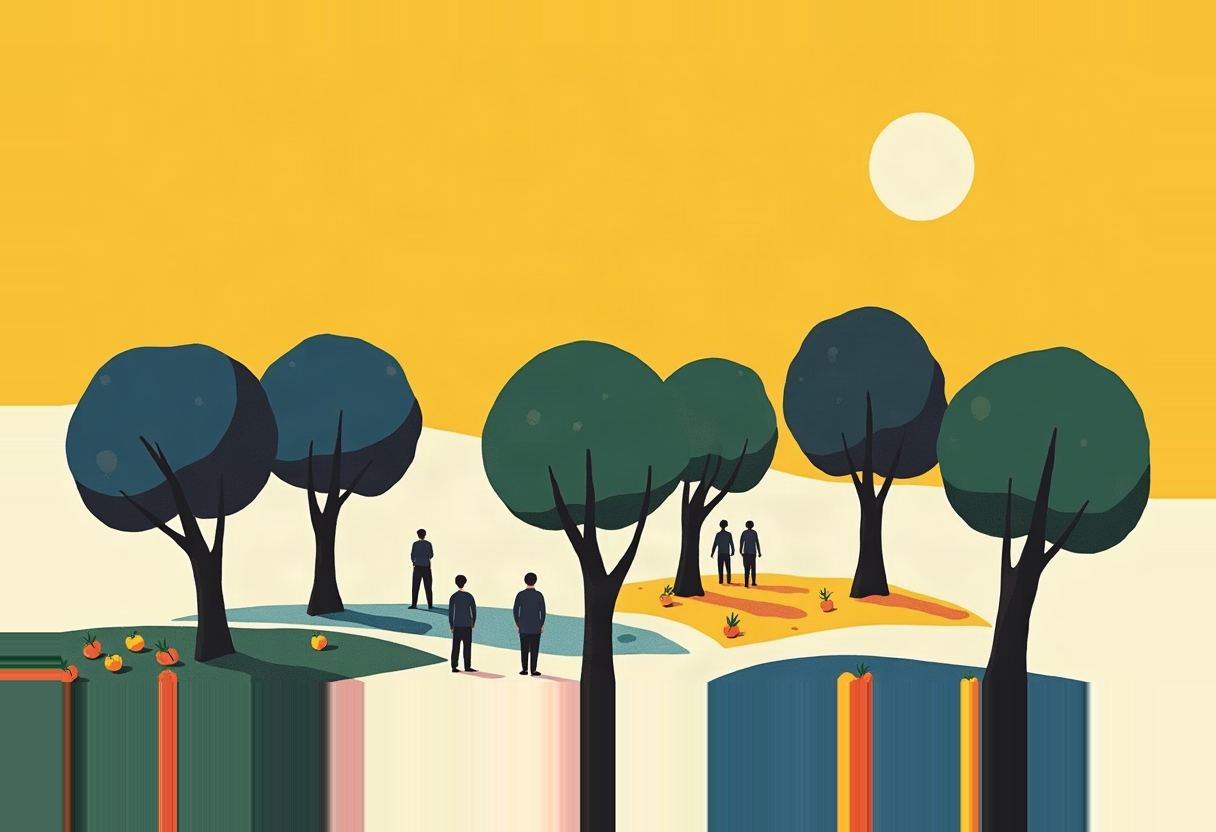 Flat illustration of six small silhouetted figures among round-canopy trees and scattered orange fruit on a patchwork ground of green, yellow, pink and blue bands, under a large yellow sky with a pale circular sun.