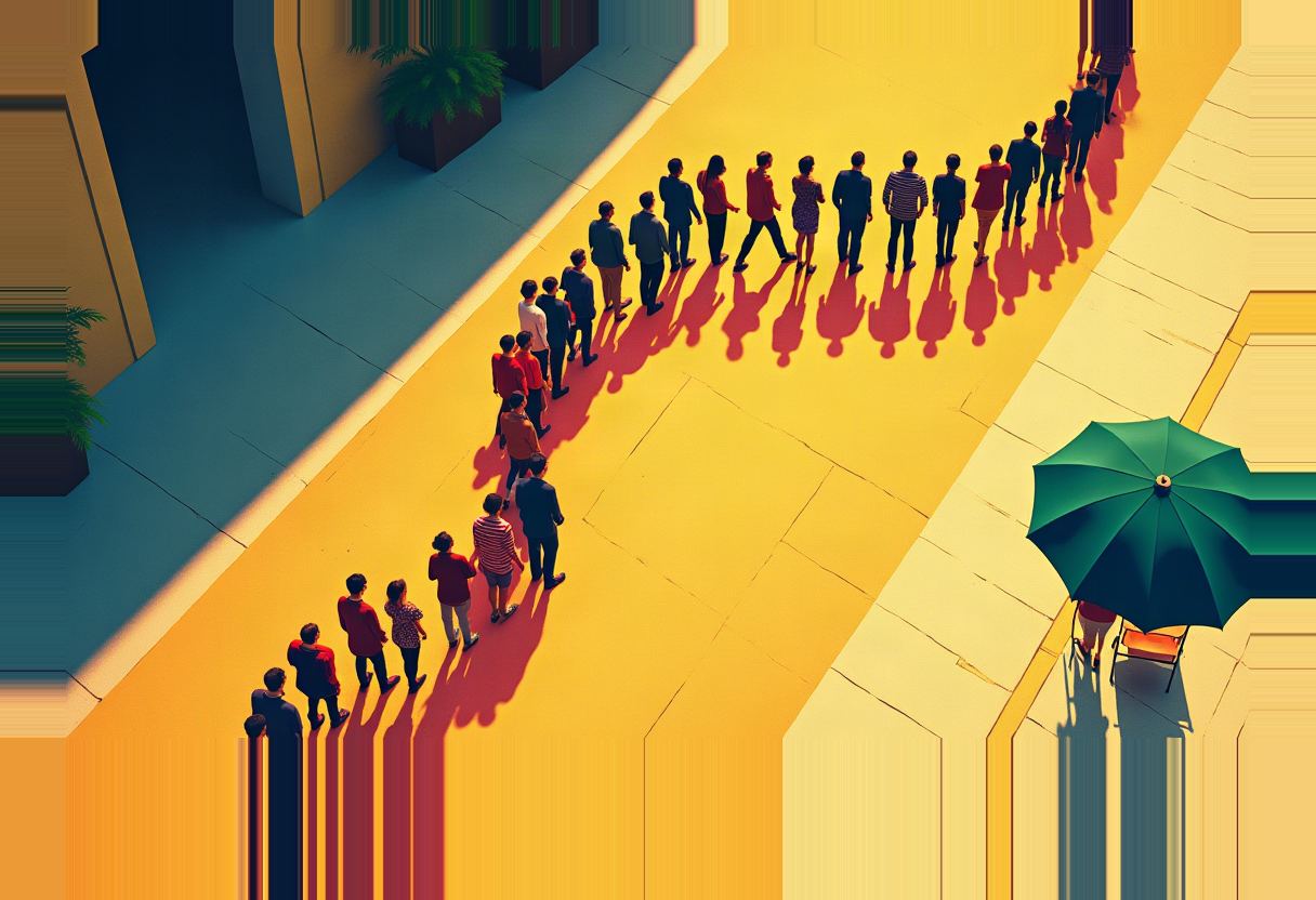 Aerial view of a long, winding line of people on a yellow street, casting long red shadows, with a green umbrella and chair beside the queue.