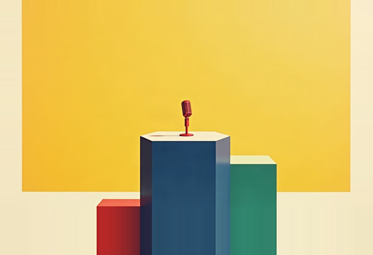 A small red desktop microphone stands atop a tall dark-blue hexagonal pedestal, flanked by shorter red and green pedestals, against a yellow backdrop.