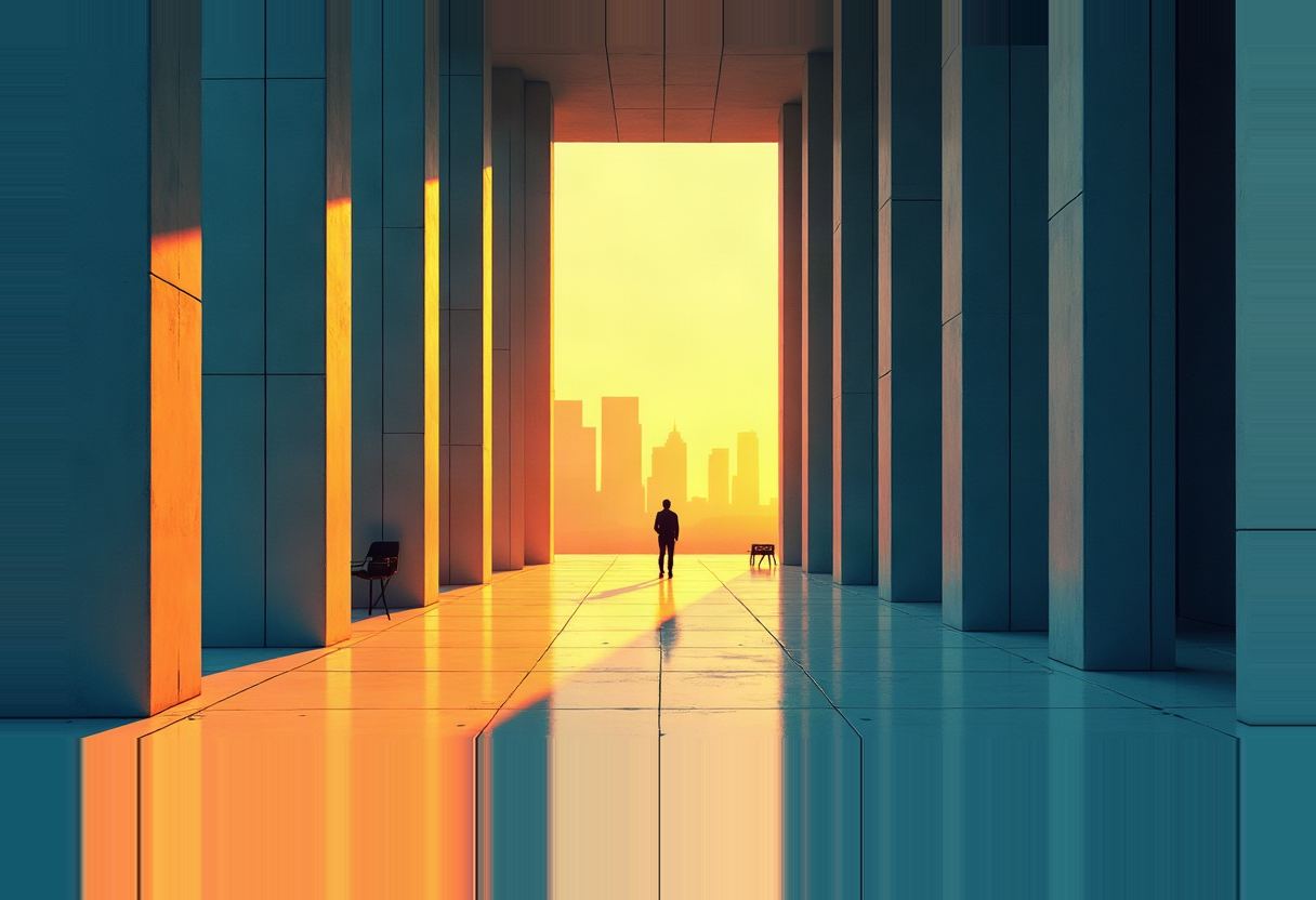 A lone silhouetted figure walks a reflective colonnaded corridor toward a glowing yellow-orange city skyline framed by tall concrete pillars.