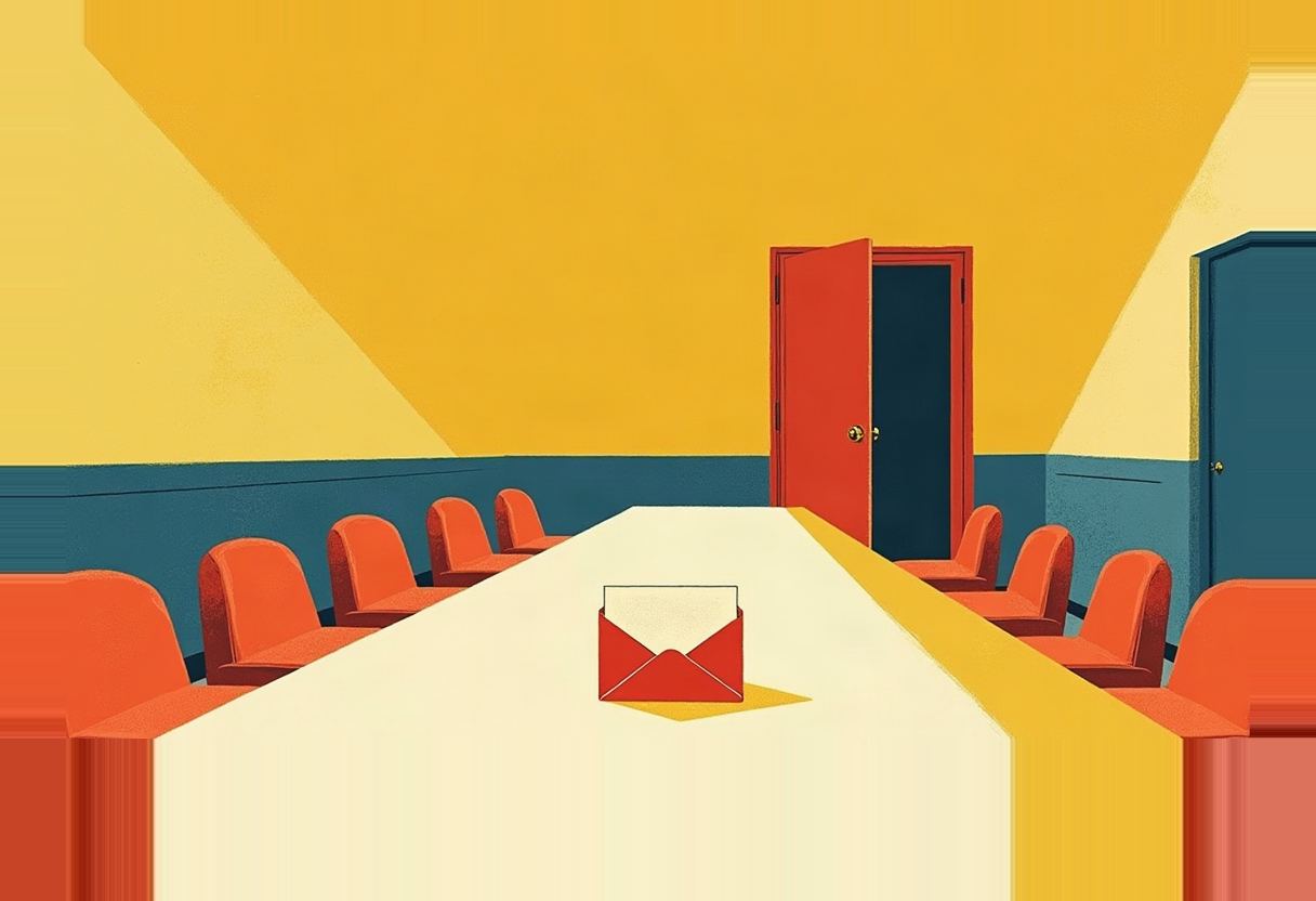 A single open red envelope with a white letter sits on a long empty conference table flanked by rows of orange chairs, under a yellow room with a red open door and a blue door.