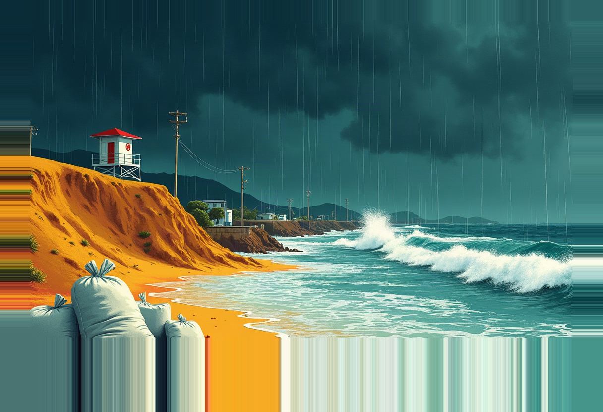 Sandbags line an eroded orange coastal bluff with a lifeguard tower, as dark storm clouds, rain, and breaking waves hit the shoreline.