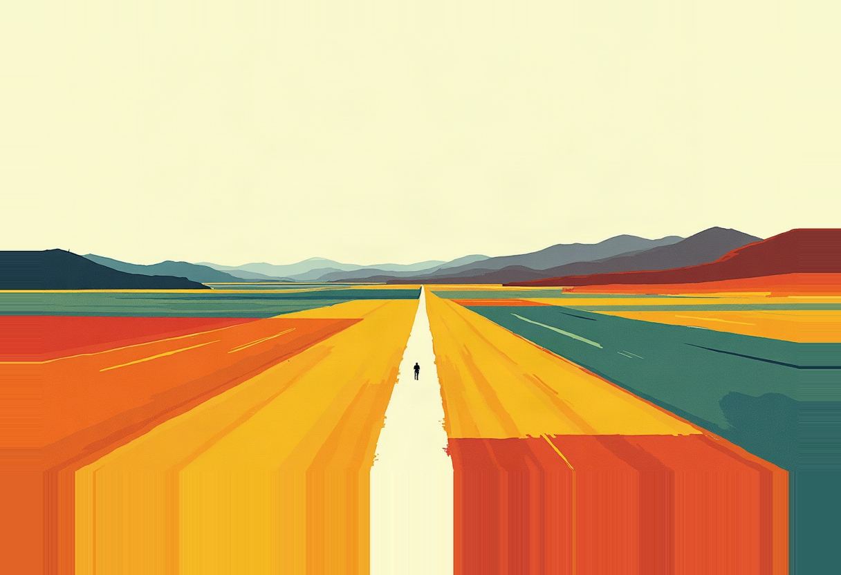A small lone figure stands on a pale central road splitting orange/red and yellow/teal fields, with layered blue-grey mountains under a pale yellow sky.