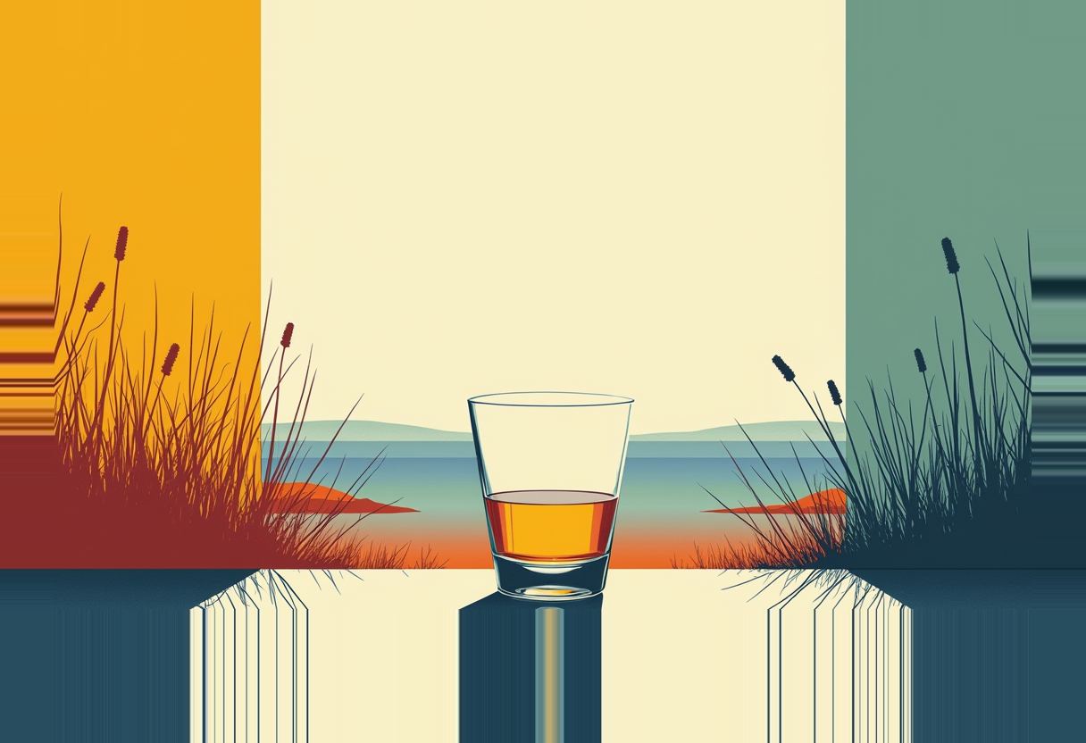 A glass half-filled with amber liquid sits on a reflective surface between marsh grasses, flanked by orange and teal color blocks, with a hazy coastline and water in the background.