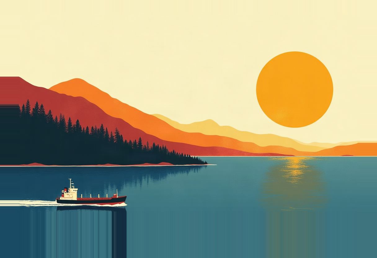 A cargo ship sails past forested, layered orange and red mountain ridges on blue water beneath a large yellow sun in a pale sky.