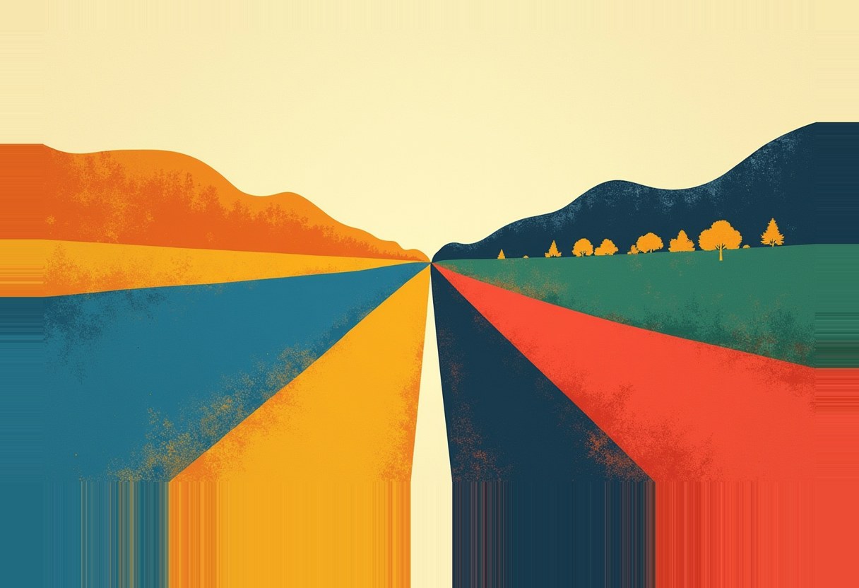 Two roads split from a single vanishing point: left in blue and yellow beneath orange hills, right in navy and red beneath a green field and dark mountains.