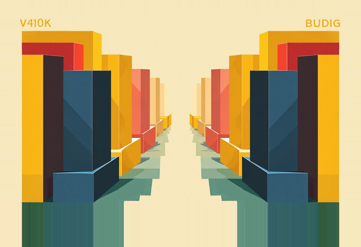 Mirrored rows of yellow, red, and navy blockish buildings recede toward a vanishing point, with 'V410K' and 'BUDIG' labeled at top left and right.