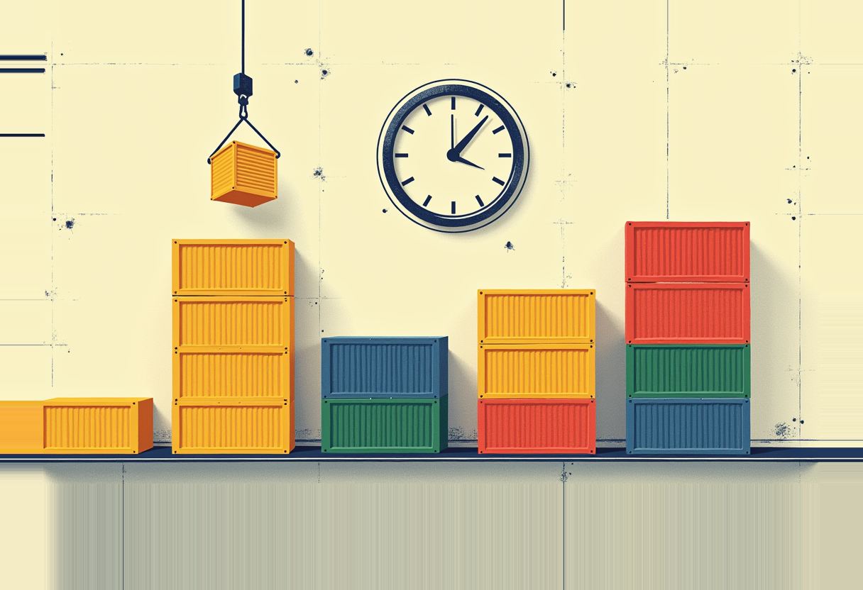 Illustration of stacked shipping containers of varying heights and colors on a dock beside a large wall clock, with a crane lowering another orange container.