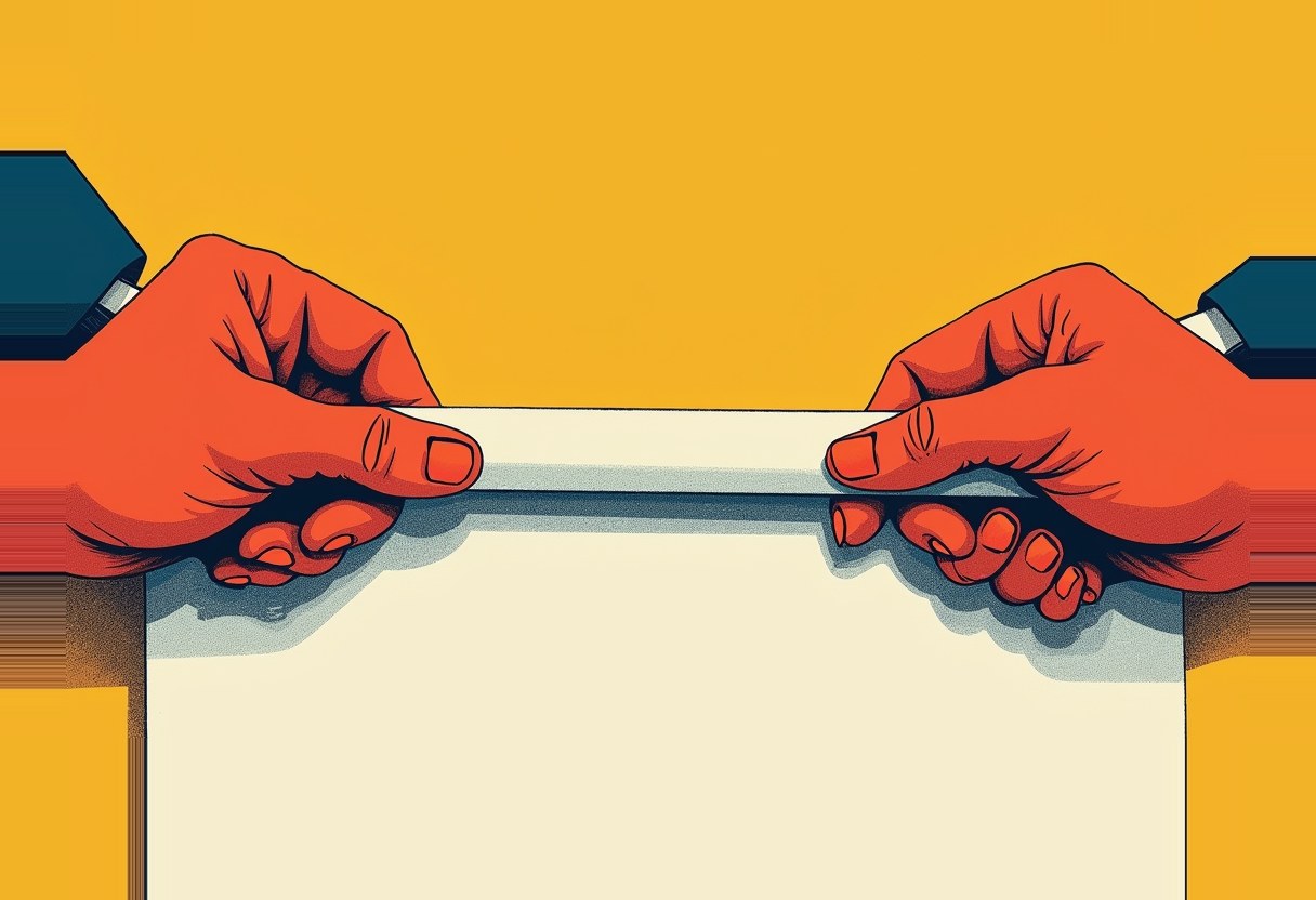 Two red cartoon hands from opposite sides pull a folded cream-colored sheet of paper taut against a yellow background.