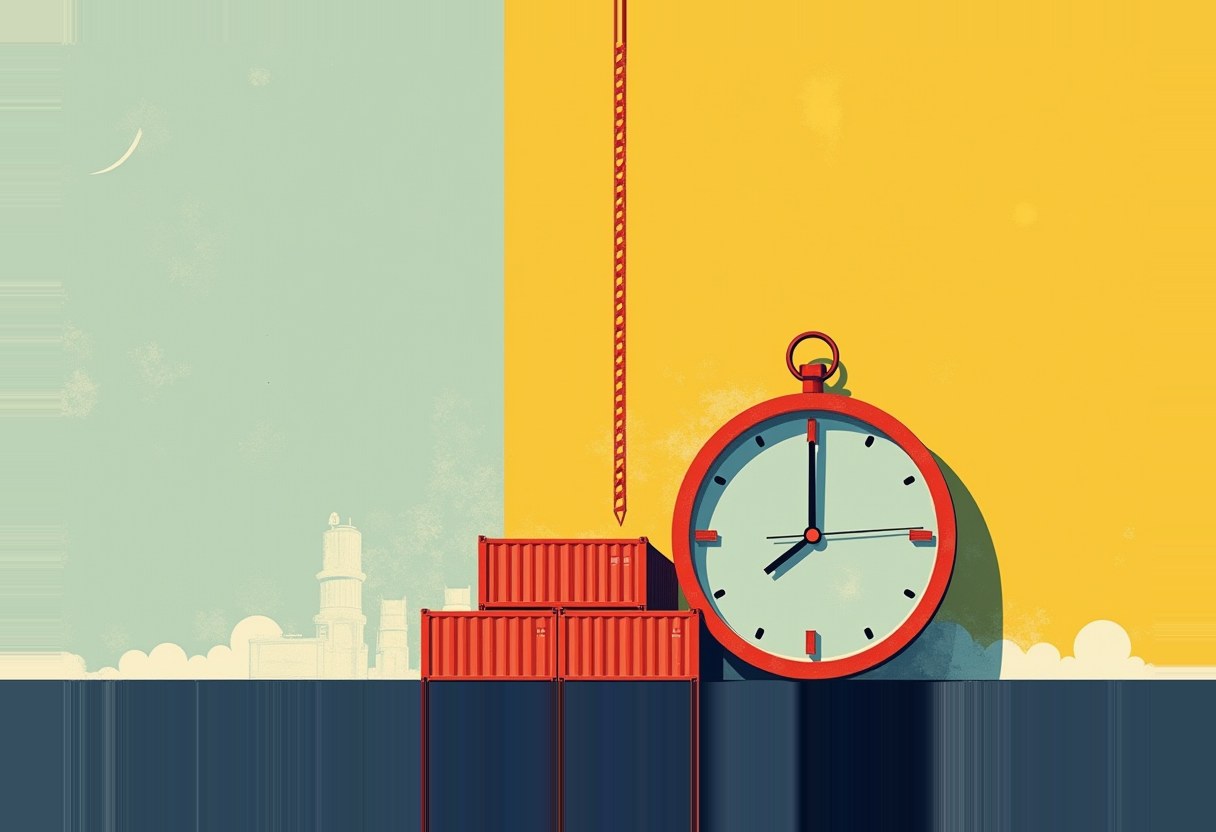 A large red pocket watch stands beside three stacked red shipping containers on a dock, with a chain hanging above them, split by a green sky with a crescent moon and a yellow sky.