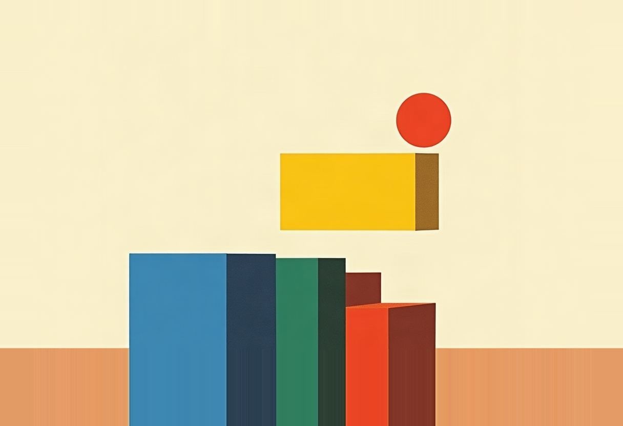 A row of tall rectangular blocks in blue, dark teal, green, orange, and red steps down in height, with a separate yellow block and a red circle floating above the gap on the right, against a pale yellow background above a tan strip.