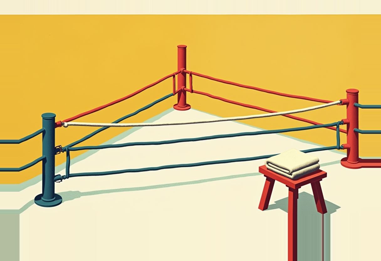 Empty boxing ring corner posts with red, white, and teal ropes, a red stool with folded towel beside it, against a yellow background.