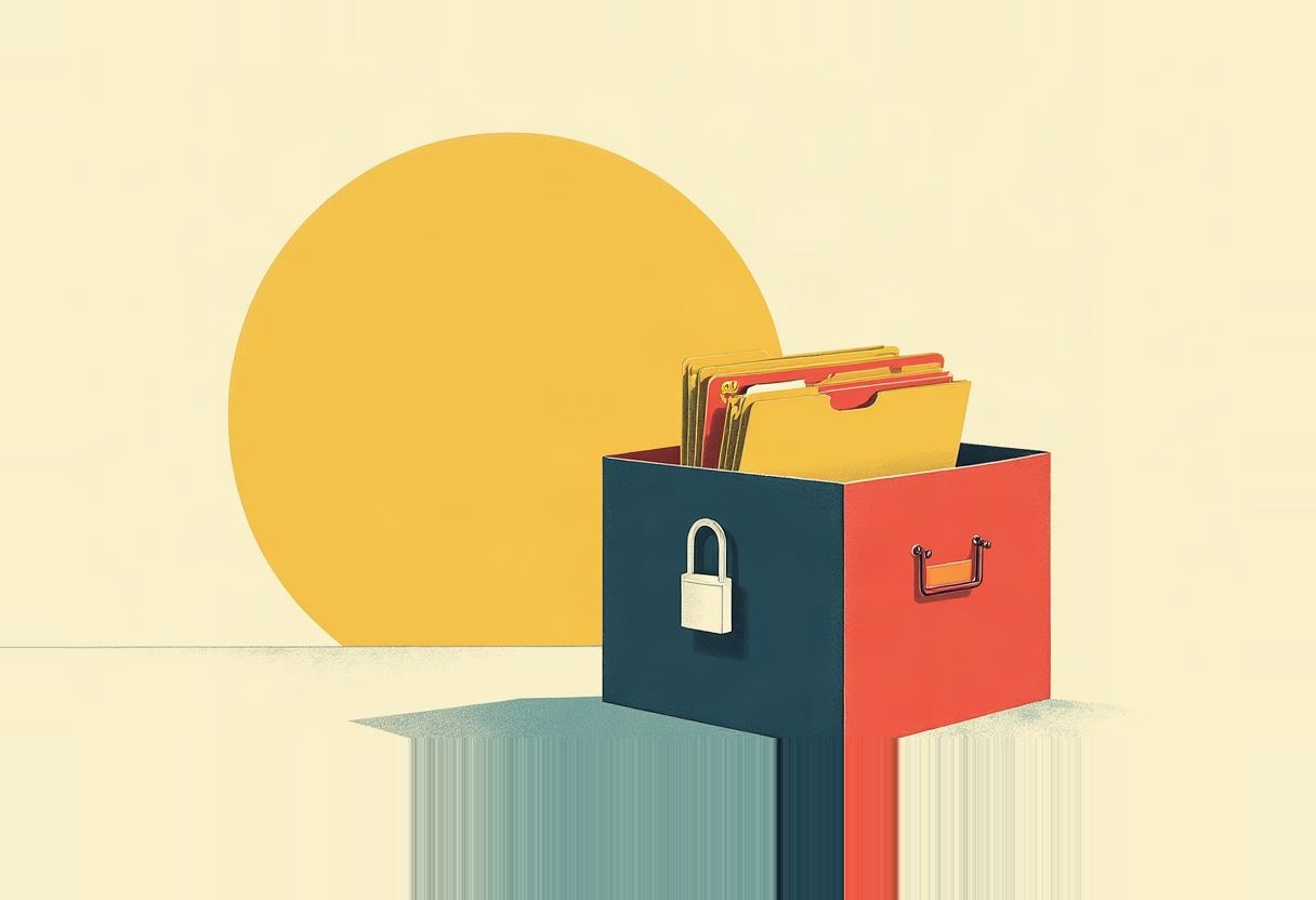 A file cabinet with a padlock on its dark blue side and red side with folders sticking out the top, set against a large yellow circle on a pale background.