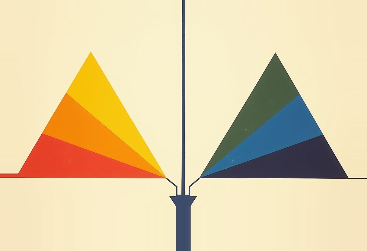 Abstract editorial illustration: two banded triangles, warm reds/oranges/yellow on the left and cool greens/blues/navy on the right, meeting at a shared stem across a dividing line