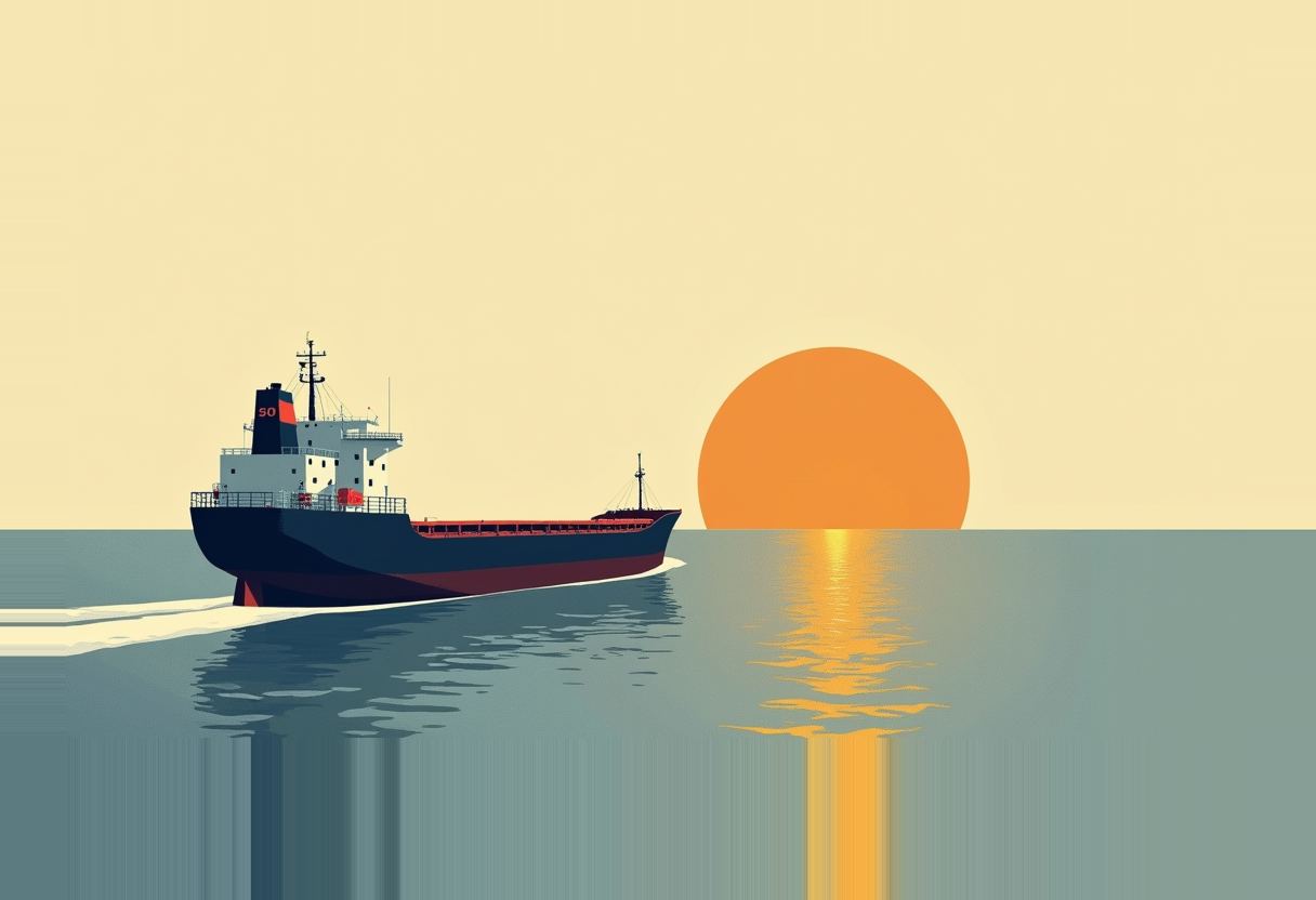 A dark cargo ship with a red hull sails left across grey-green water toward a large orange sun setting on the horizon under a pale yellow sky.