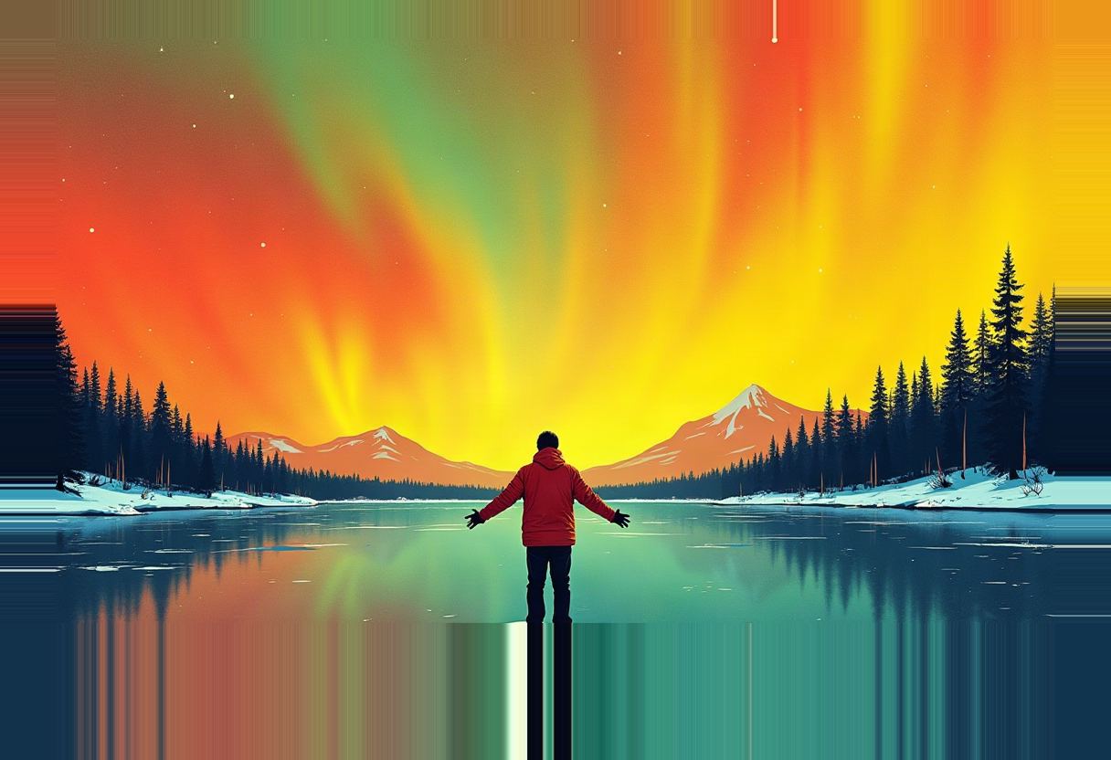 A person in a red jacket stands arms outstretched on a lake shore facing snowy mountains and pine trees under a green, orange and yellow aurora, reflected in the still water.