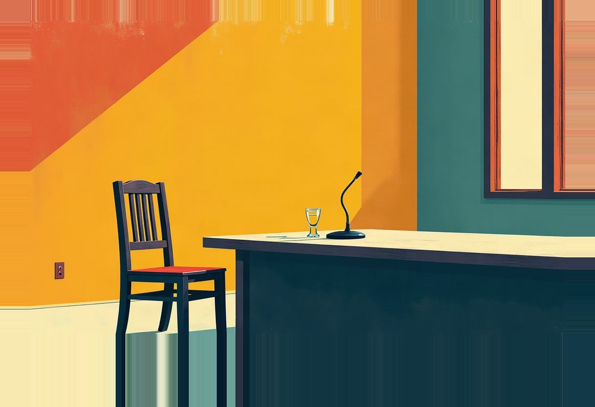 An empty wooden chair with a red seat beside a dark desk holding a water glass and gooseneck microphone, against orange, yellow, and teal walls.