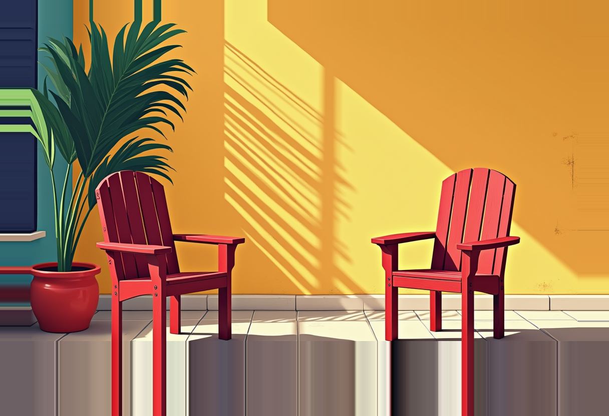 Two empty red Adirondack-style chairs on a tiled porch beside a potted palm plant, against a sunlit yellow wall with long diagonal shadows.