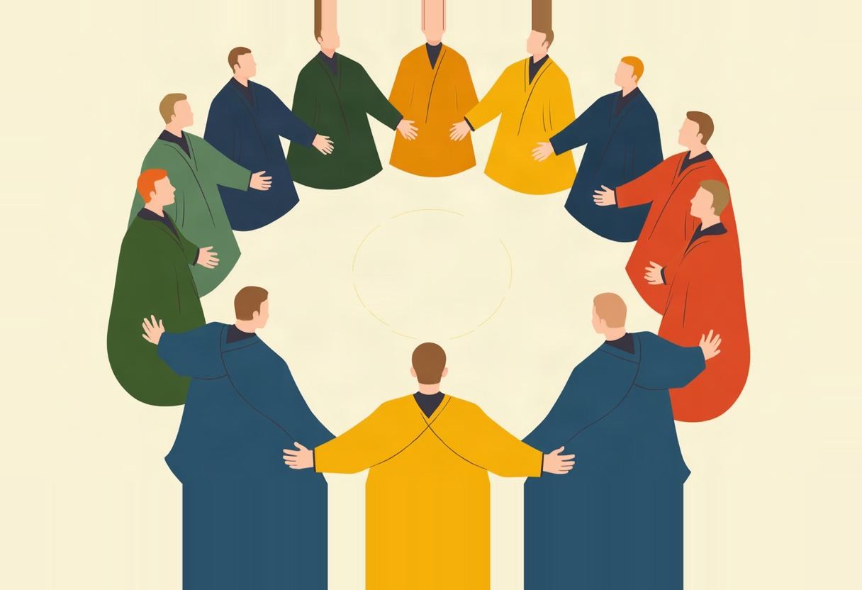 Illustrated figures in orange, yellow, green, red, and blue robes stand in a circle with arms outstretched toward each other on a pale yellow background.