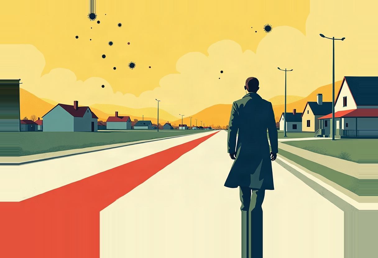 A man in a dark coat walks a red-striped road through a small town under a yellow sky dotted with spiky virus-like particles.