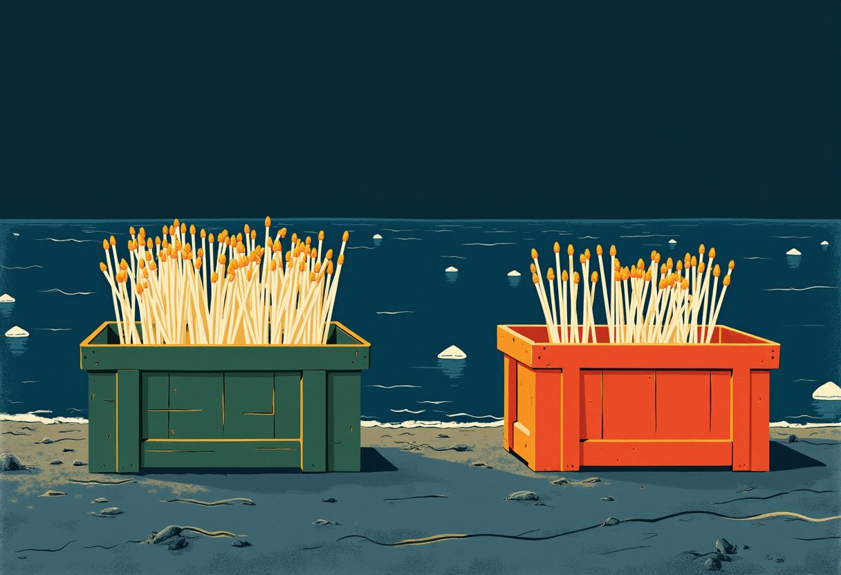 Editorial illustration of two crates on a night shore, one full of tally rods and one nearly empty