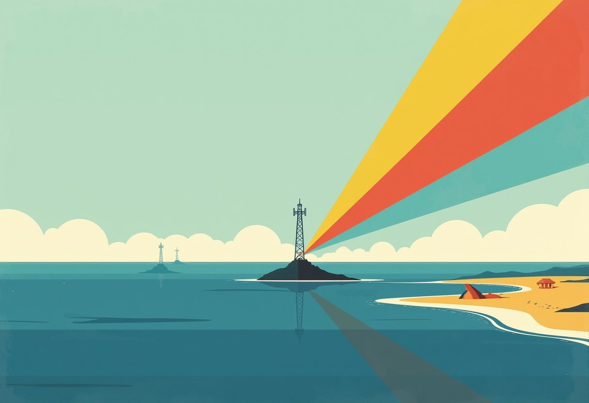 Editorial illustration of a calm cobalt-blue sea with three tall thin signal towers on the shore — one golden yellow, one vermilion red, one parrot green — each emitting a flat beam of light in a different direction across the water, one angled left, one right, one falling straight down onto a small dark island