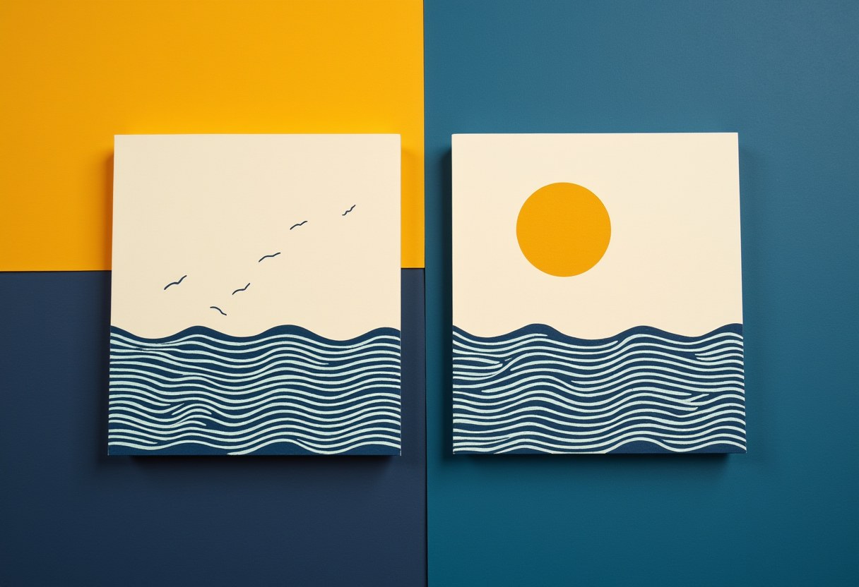 Two identical flat cream panels lying side by side on a deep cobalt ground with a gap between them, each holding the same dark coastline line — the left sea calm with three small waves, the right sea crowded edge to edge with the waterline higher, a small flat golden circle in the gap between the panels