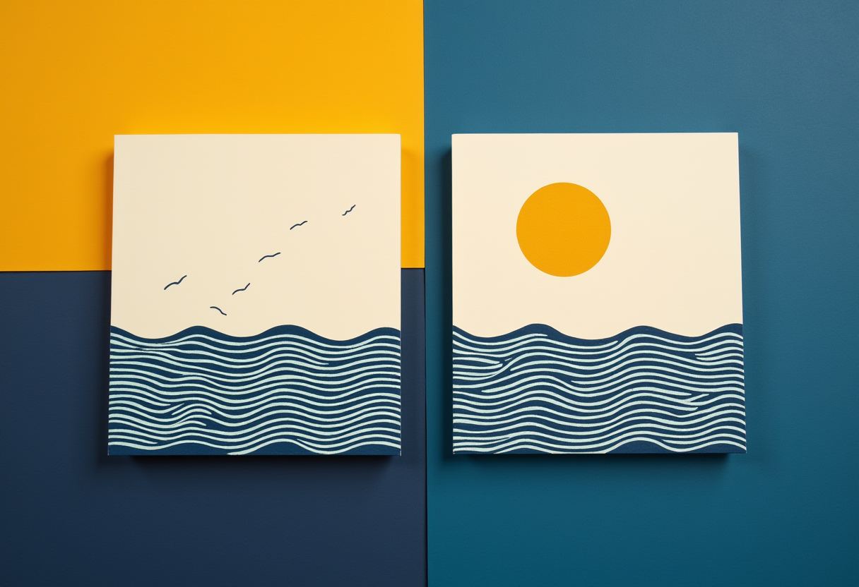 Two identical flat cream panels lying side by side on a deep cobalt ground with a gap between them, each holding the same dark coastline line — the left sea calm with three small waves, the right sea crowded edge to edge with the waterline higher, a small flat golden circle in the gap between the panels