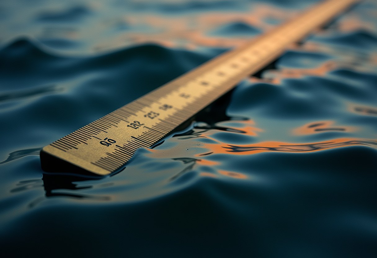 A brass ruler over dark seawater, its markings dissolving below the waterline
