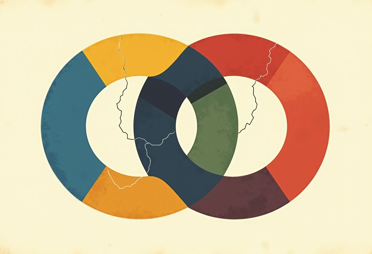 Two interlocking rings, one blue-and-yellow and one red-and-maroon, overlapping in dark blue-green, with jagged white crack lines running through the bands on a cream background.