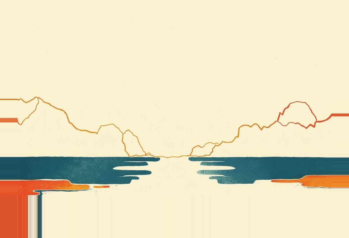 Two orange-outlined coastlines face each other across a teal strait on a cream background, with orange blocks and thin lines at each lower corner.