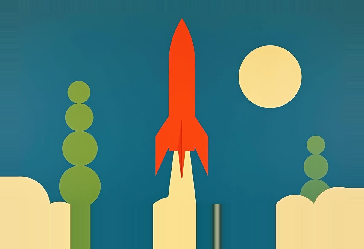 A red paper-cutout rocket launches on a pale yellow flame between two tree-shaped stacks of green circles, with a pale circle and clouds on a teal background.