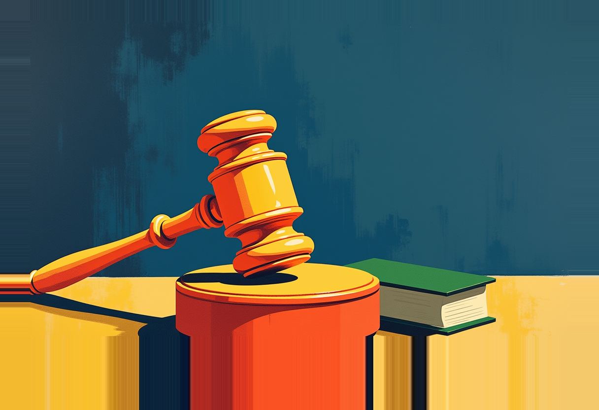 Illustrated orange and yellow gavel resting on a round sound block beside a green book, against a dark teal background.