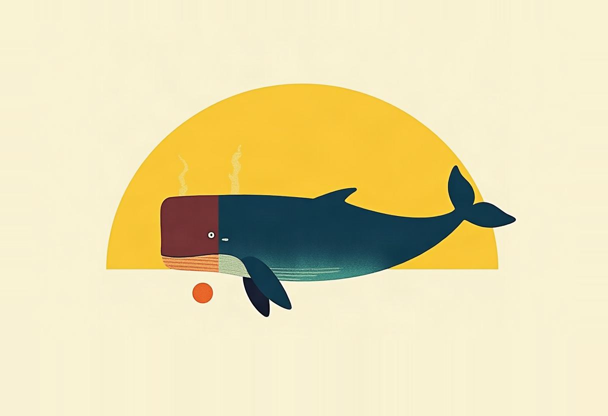 A dark blue whale with a maroon head faces left in front of a yellow half-circle sun, with a small orange dot and two wavy steam lines nearby.