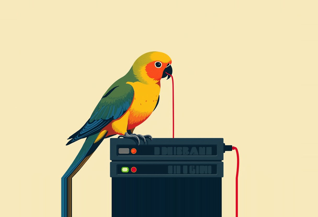 A colorful parrot perched on a stacked server rack pulls a red cable from a plug in its beak, against a pale yellow background.
