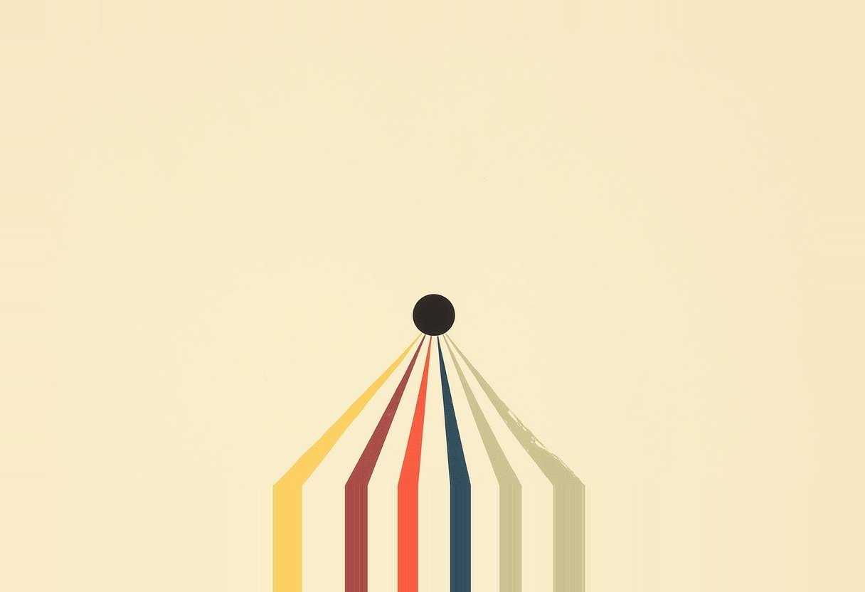 A small black circle sits atop five diverging colored stripes (yellow, maroon, red, blue, olive) fanning downward against a cream background.