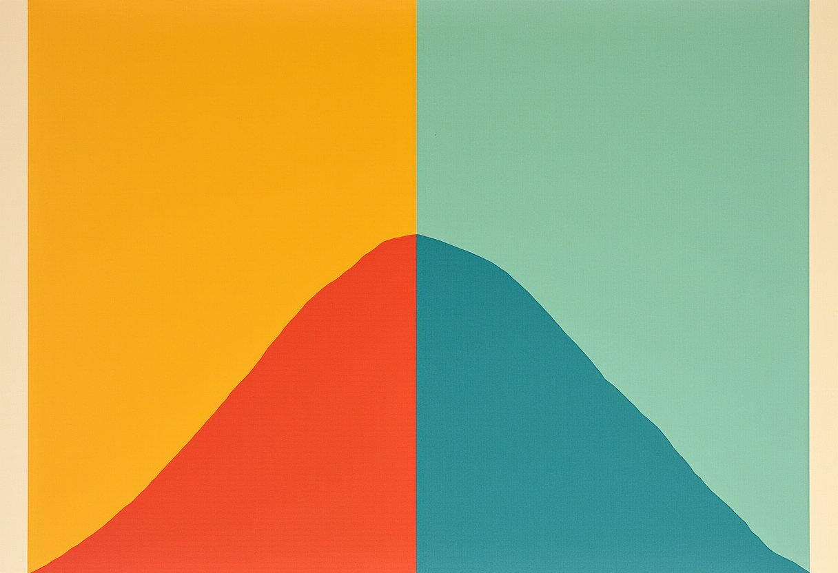 A single mountain-like curve split down the middle, red rising against orange on the left and teal descending against pale green on the right.