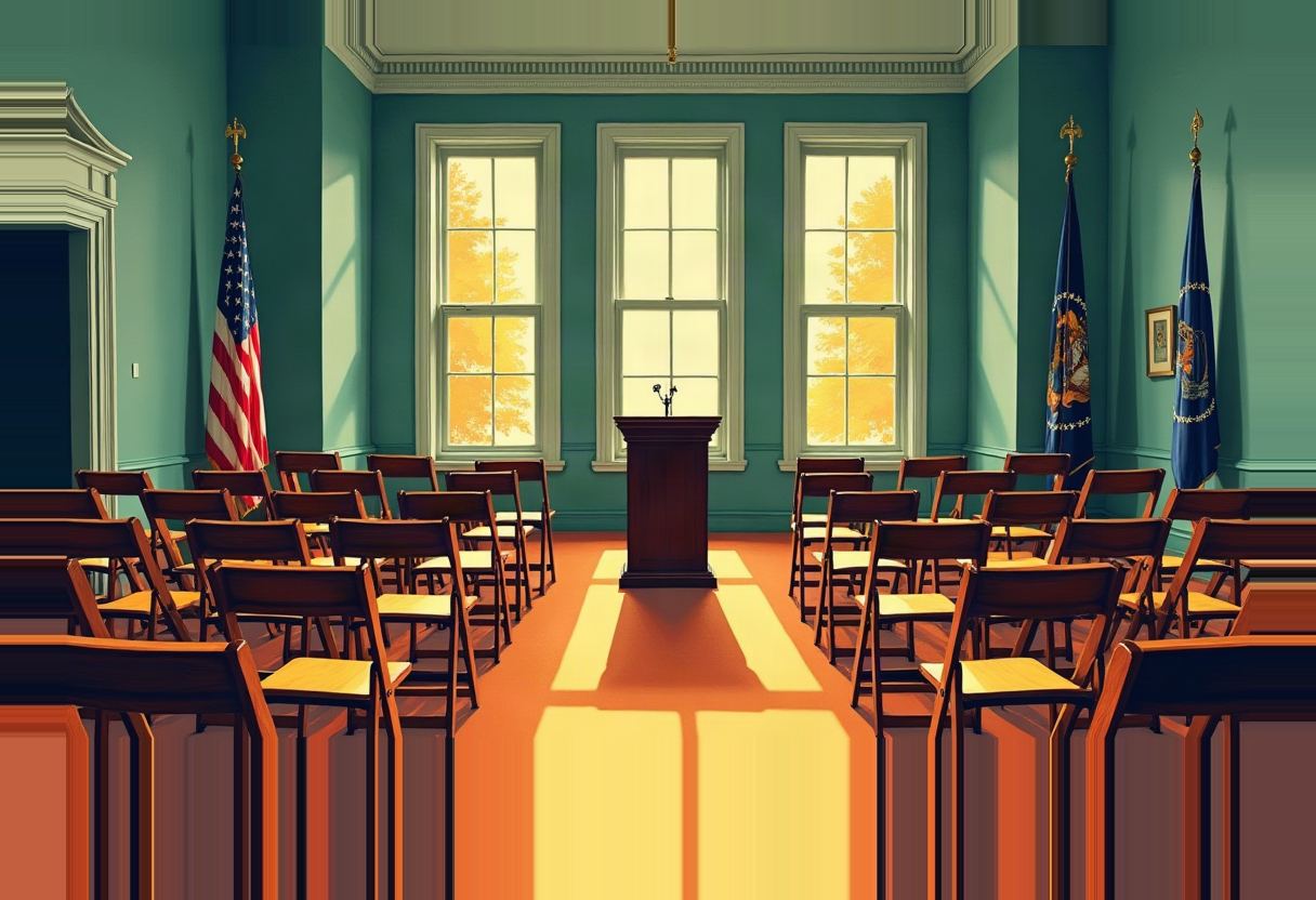 Empty wood folding chairs face an empty podium in a teal-walled hall with three tall windows, orange-lit floor, and flags on either side.