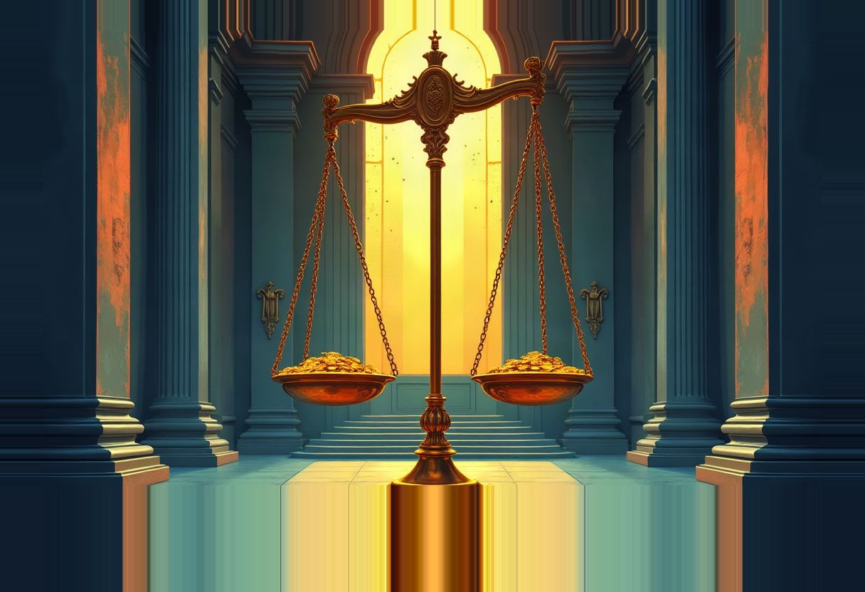 A gold balance scale with coin-filled pans hangs level on a pedestal between blue stone columns, backlit by a glowing arched window.