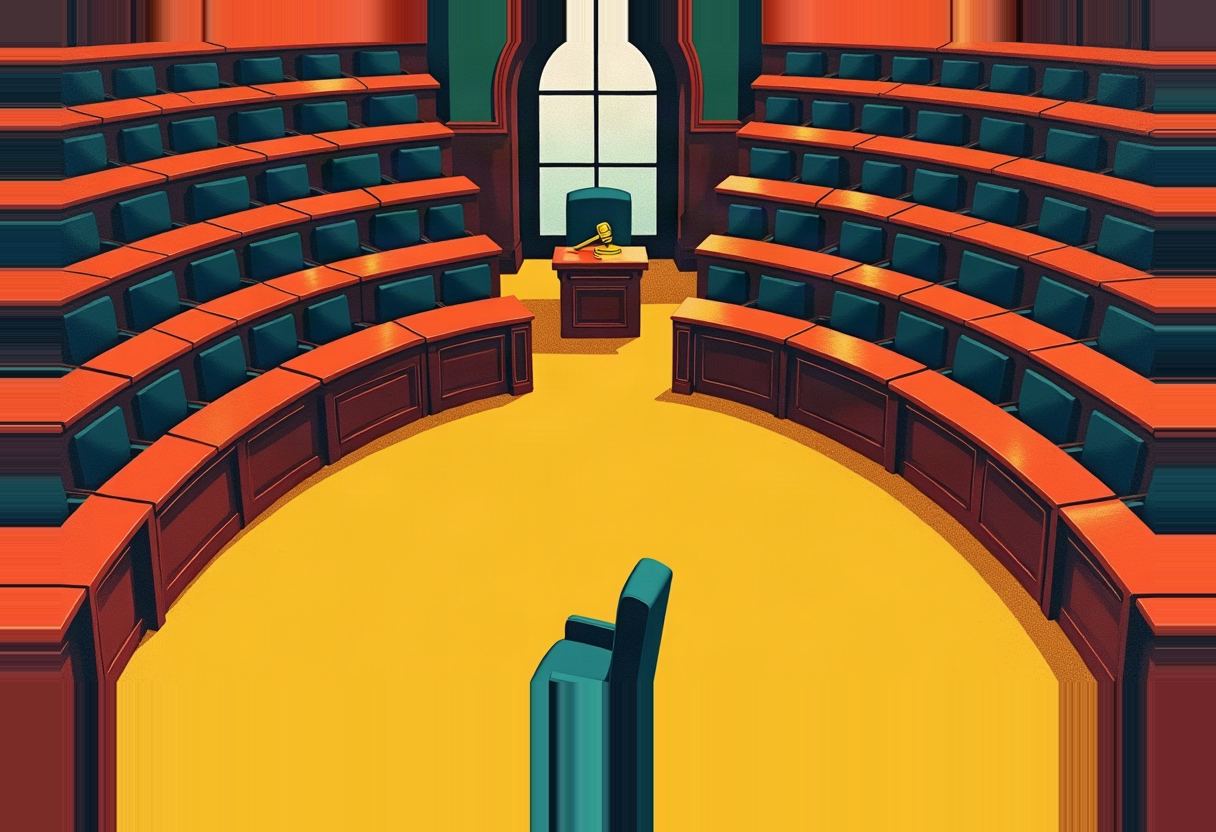 An empty, semicircular legislative chamber with tiered orange desks and dark teal chairs curves around a bare yellow floor, with one teal chair alone at the center and a podium bearing a gavel at the far end.