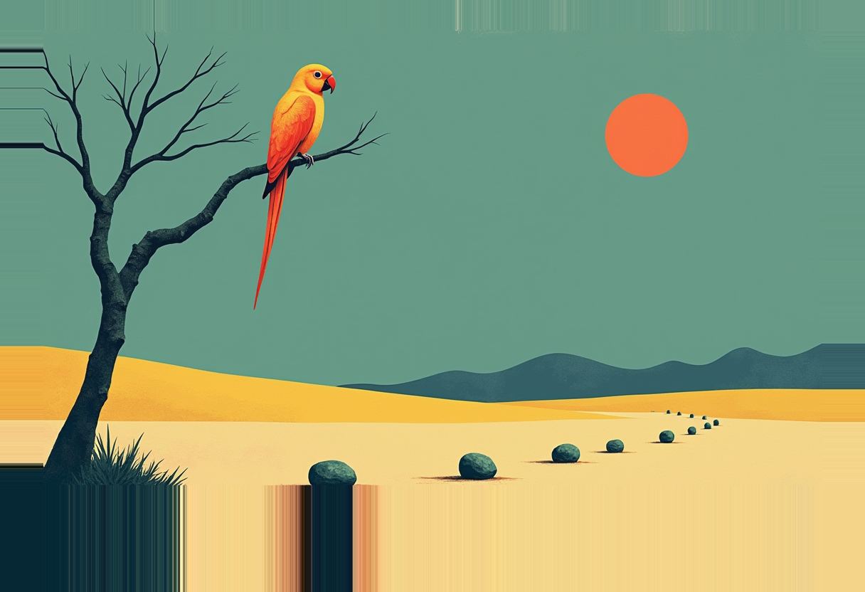 A yellow and orange parrot perches on a bare black tree in a flat desert landscape with an orange sun, teal sky, and a line of dark rocks receding toward hills.