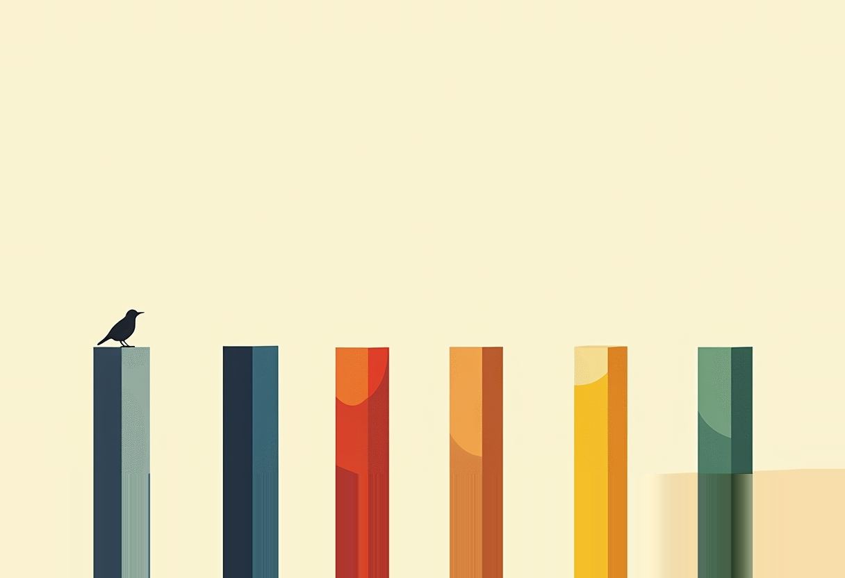 A small black bird perches atop the leftmost of six tall vertical bars in blue, red, orange, yellow, and green against a pale cream background.