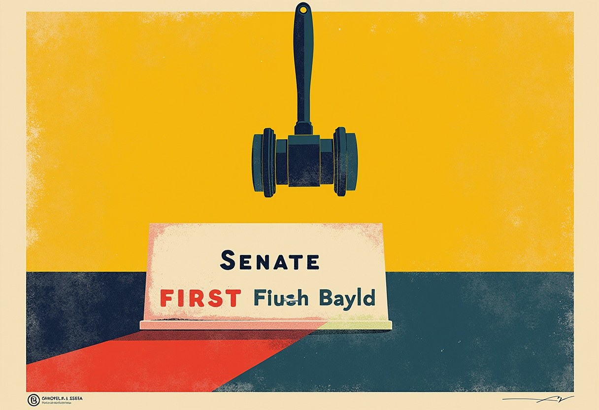 Editorial illustration of an empty hearing nameplate with two overlapping first names and a gavel frozen mid-air