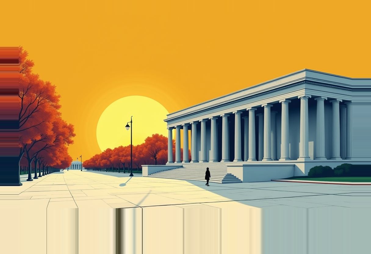 A white columned government building beside a tree-lined plaza under an orange sky with a large yellow sun low on the horizon, a lone figure walking on the steps.