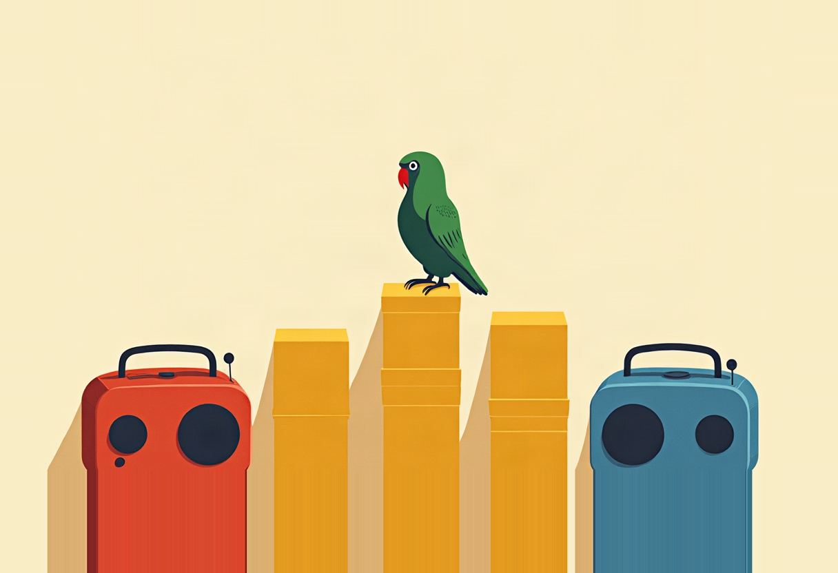 A green parrot perches on the tallest of three yellow bar-chart columns flanked by a red radio on the left and a blue radio on the right, against a pale yellow background.