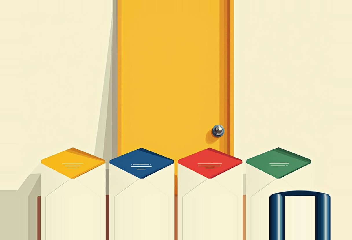 Four envelopes in yellow, blue, red, and green stand upright before a closed yellow door with a round knob, a dark suitcase handle beside them.