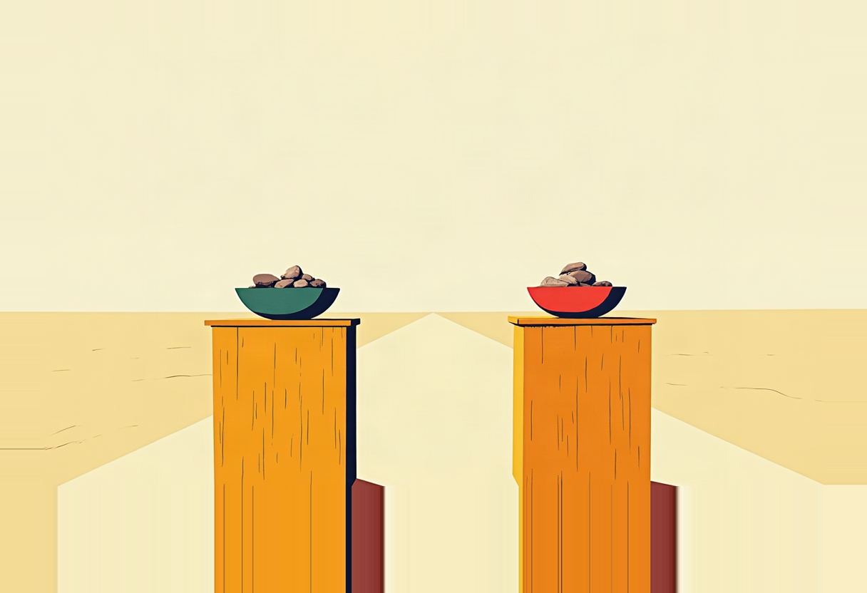 Two wooden pedestals hold a green bowl and a red bowl, each filled with stones, against a flat tan background.