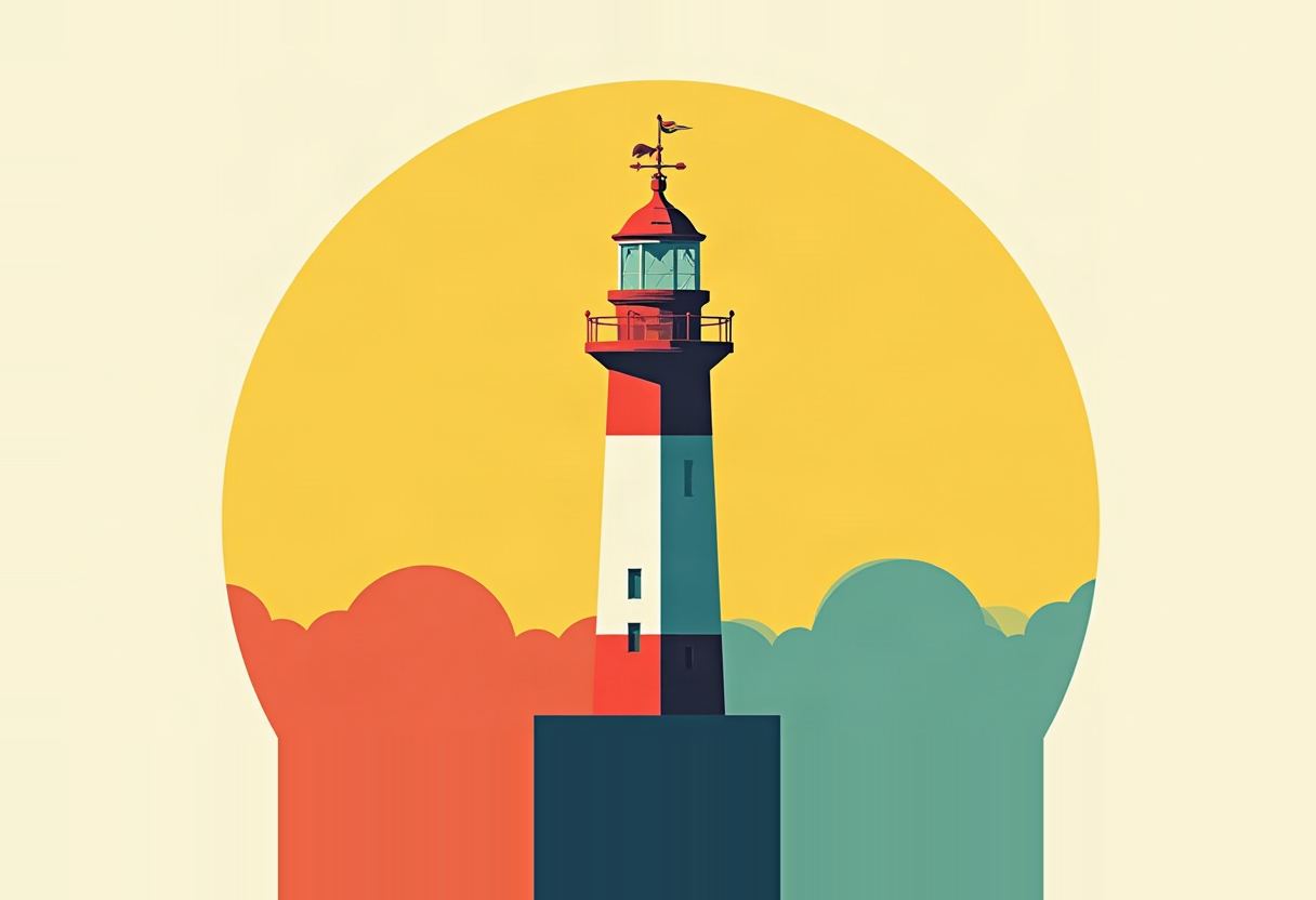 A red, white, and teal striped lighthouse with a weathervane stands before a large yellow circle, flanked by orange and teal cloud-like shapes on a cream background.